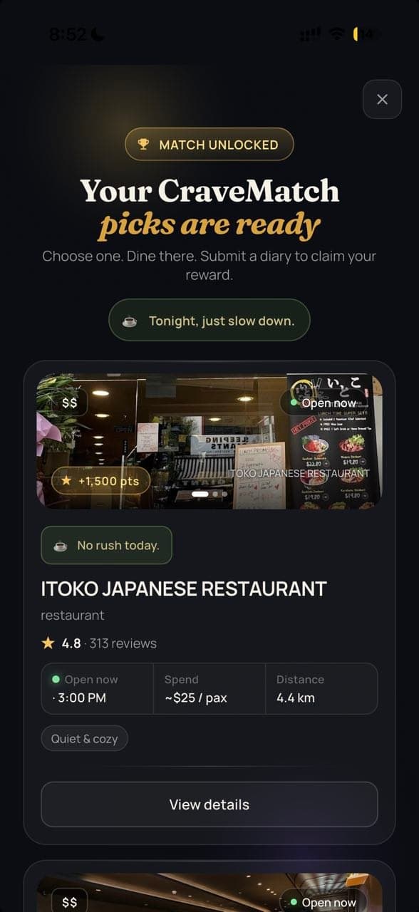 Your CraveMatch picks are ready