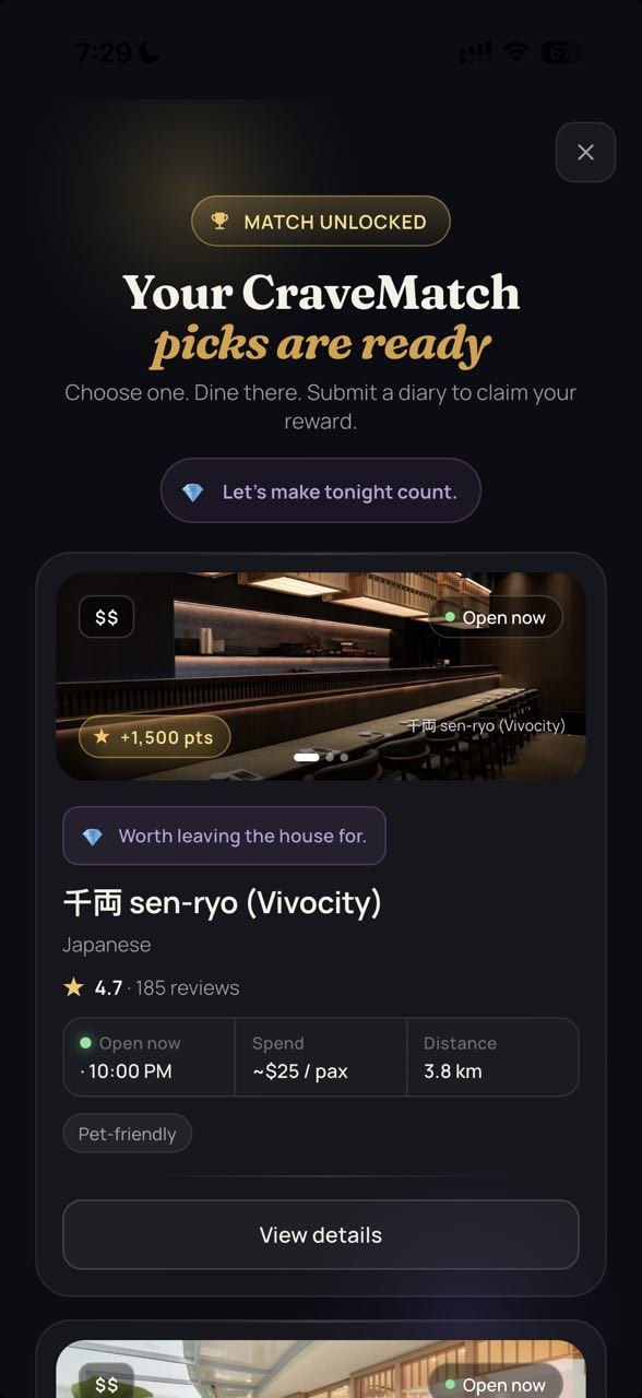 CraveMatch match unlocked screen