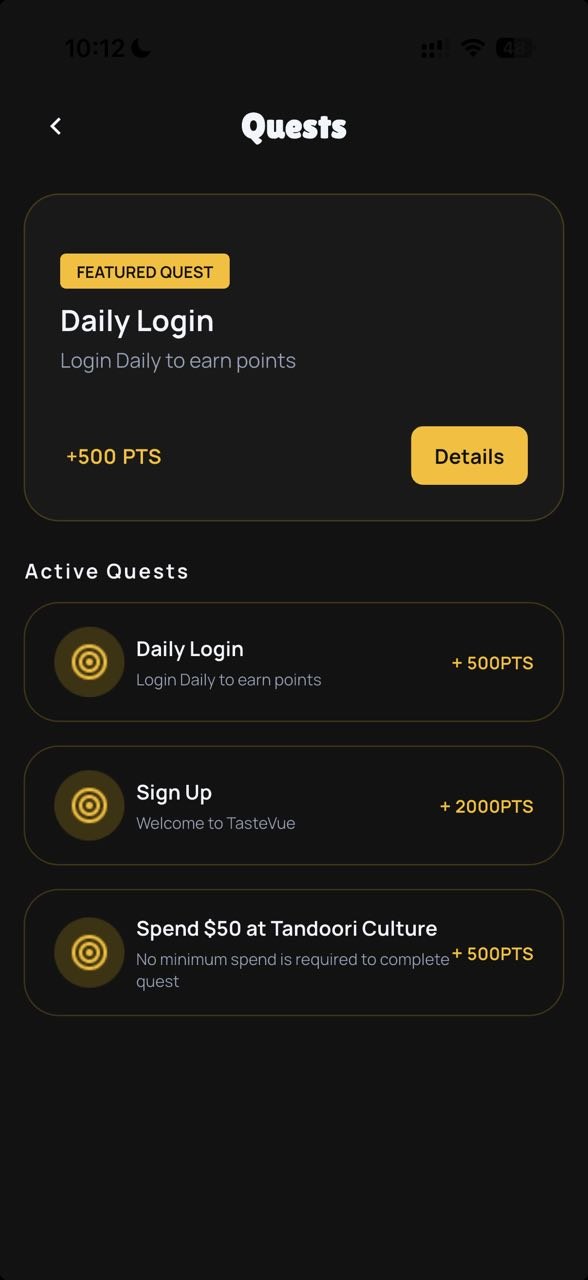TasteVue quests screen